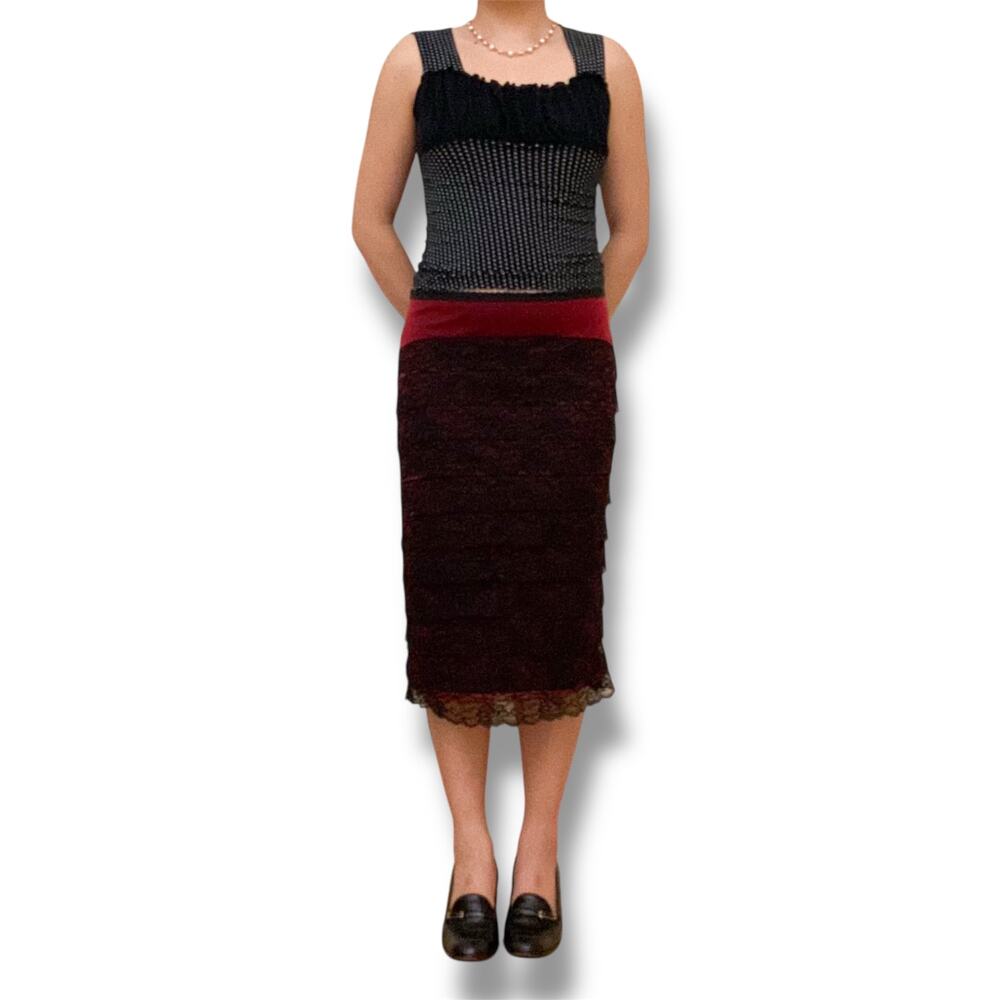 Vintage Betsey Johnson Black Red Lace Ruffle Tiered Midi Skirt Medium